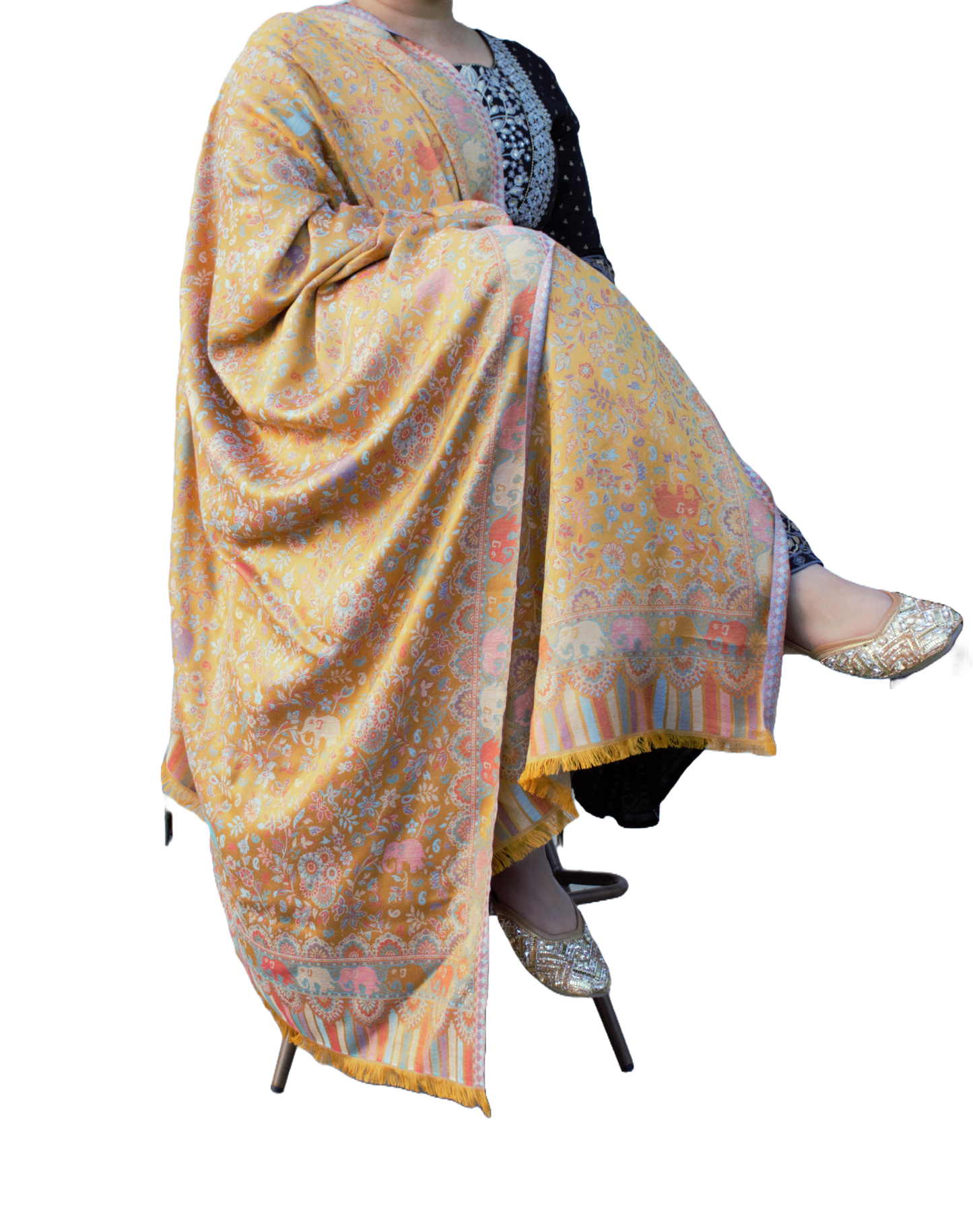 Pashmina Yellow Reversible shawl full embroidery