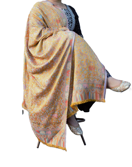 Pashmina Yellow Reversible shawl full embroidery