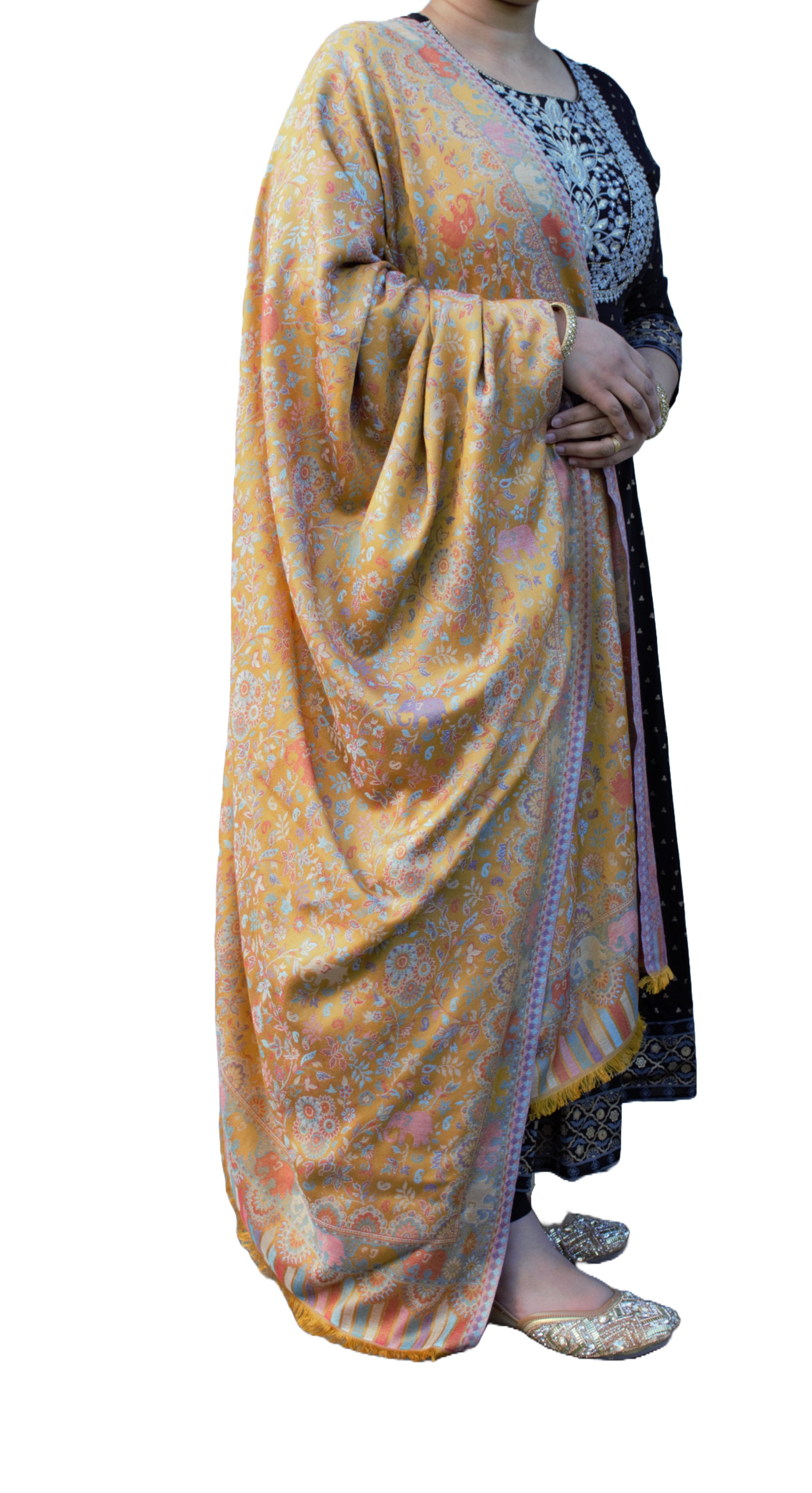 Pashmina Yellow Reversible shawl full embroidery